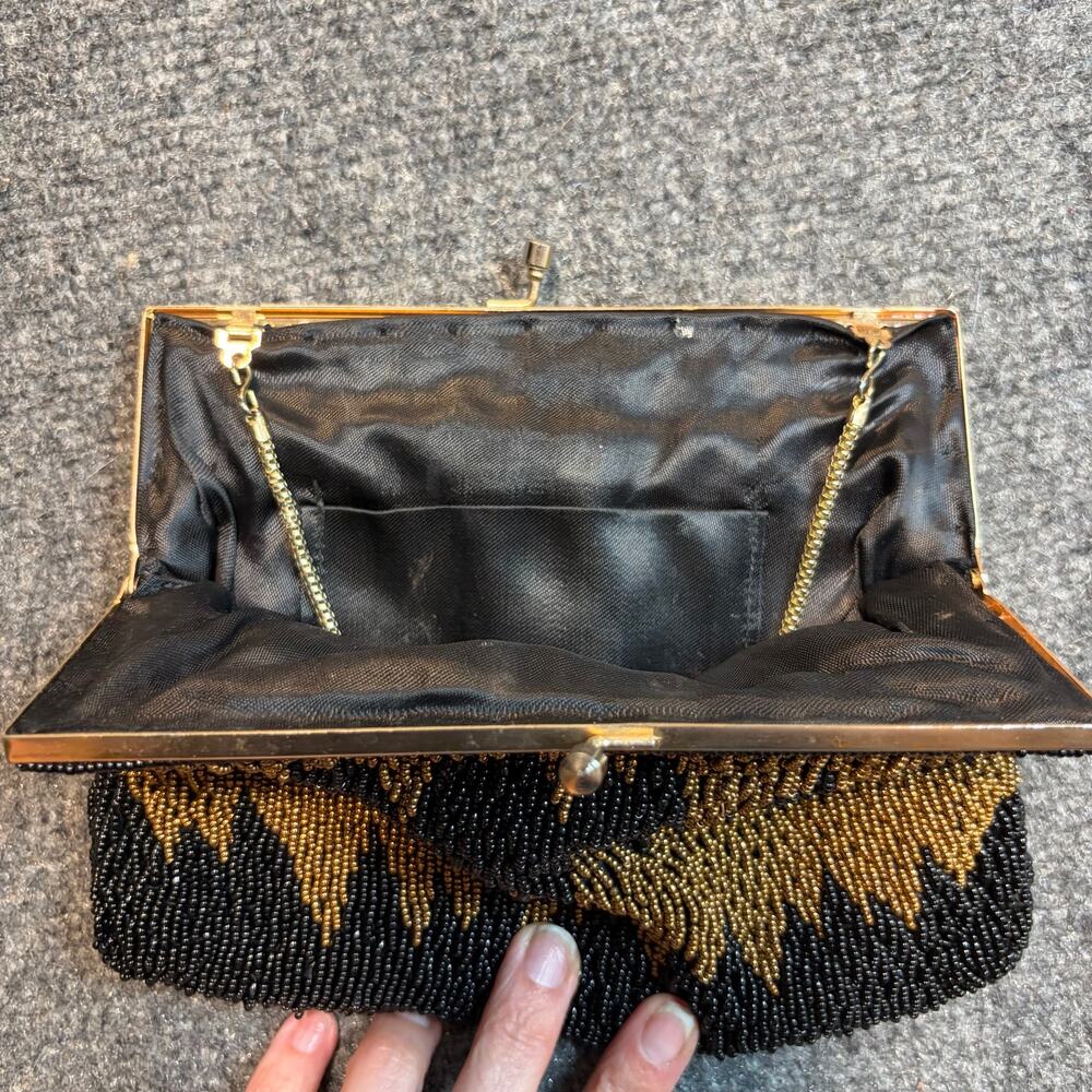 Vintage Black Gold Beaded Handbag Zigzag Geometric Evening Clutch Chain - Picture 5 of 7